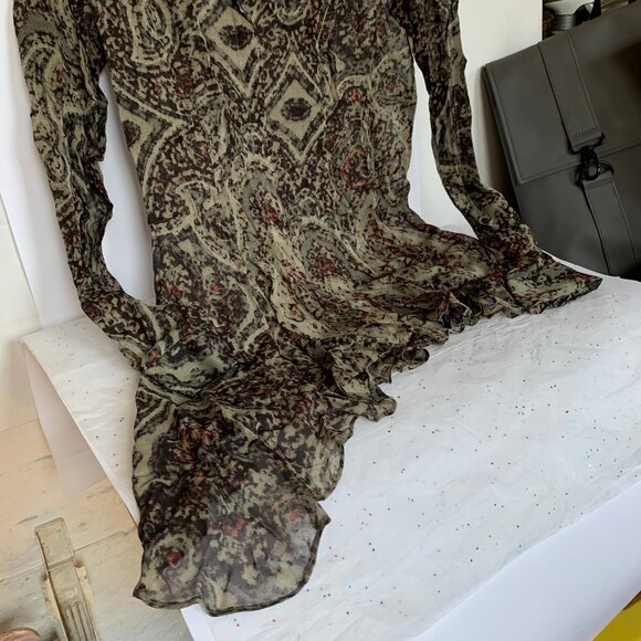 Zara Woman Green Abstract Printed Sheer Asymmetrical Hem Blouse - Oversized XS S - Picture 8 of 13